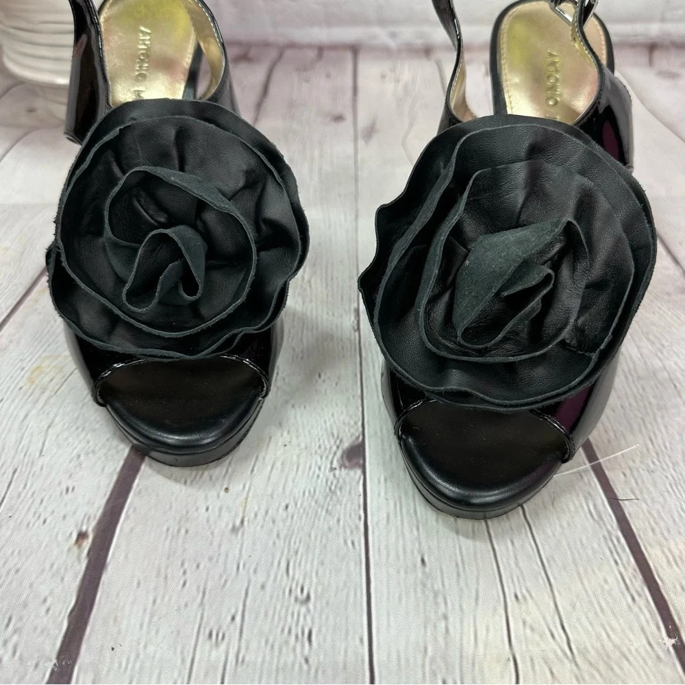 antonio melani black sling back leather heels with rose flower on toe sz 7.5 - Picture 2 of 8